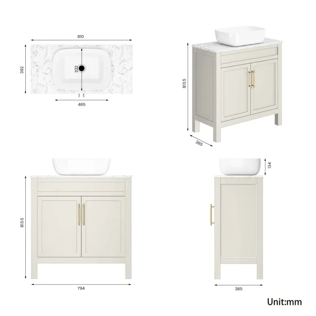 Bermuda Chalk White Vanity with Marble Top & Curved Counter Top Basin 800mm - Brass Knurled Handles