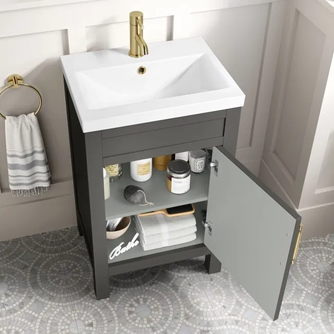 Bermuda Graphite Grey Basin Vanity 500mm - Brass Knurled Handles