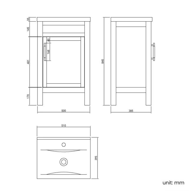 Bermuda Graphite Grey Basin Vanity 500mm - Brass Knurled Handles
