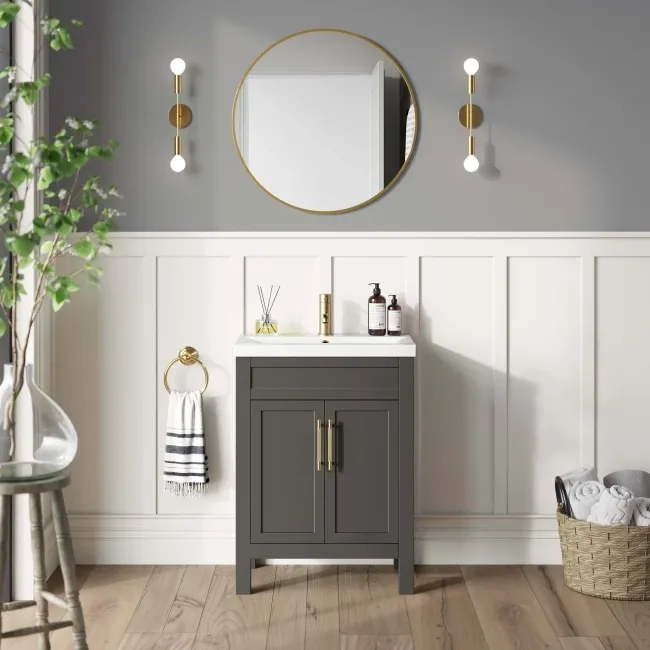 Bermuda Graphite Grey Basin Vanity 600mm - Brass Knurled Handles