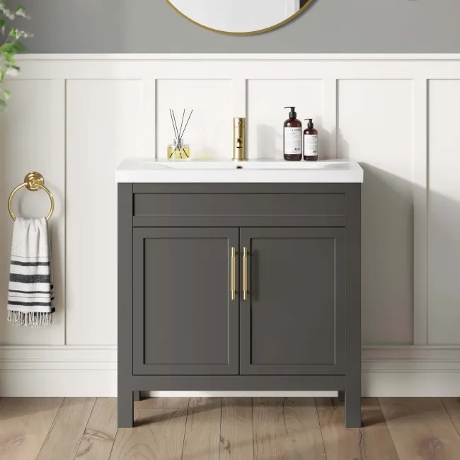 Bermuda Graphite Grey Basin Vanity 800mm - Brass Knurled Handles