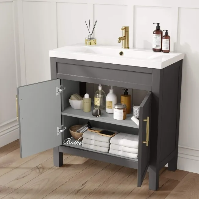 Bermuda Graphite Grey Basin Vanity 800mm - Brass Knurled Handles