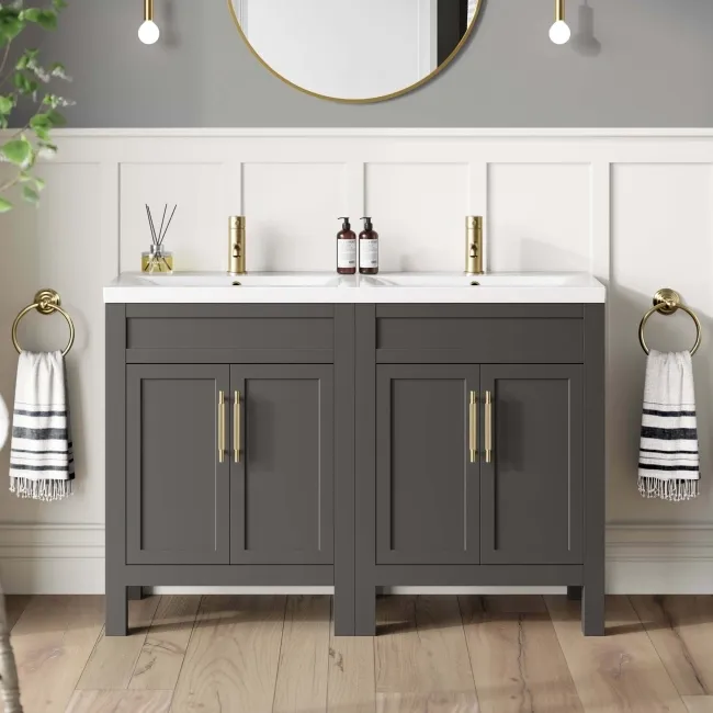 Bermuda Graphite Grey Double Basin Vanity 1200mm - Brass Knurled Handles