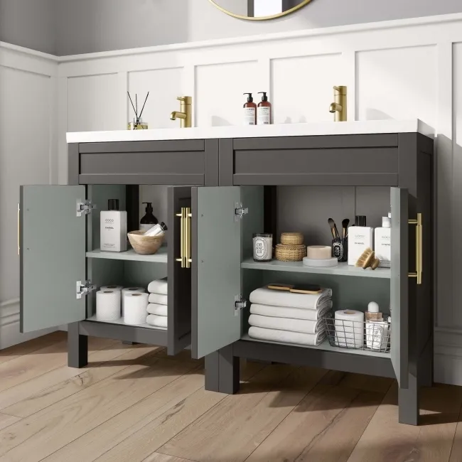 Bermuda Graphite Grey Double Basin Vanity 1200mm - Brass Knurled Handles