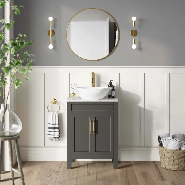 Bermuda Graphite Grey Vanity with Marble Top & Oval Counter Top Basin 600mm - Brass Knurled Handles