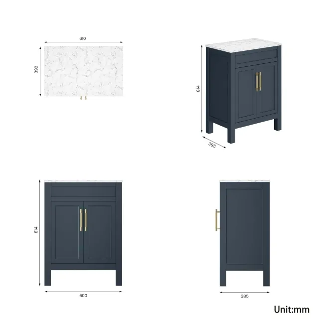 Bermuda Inky Blue Cabinet with Marble Top 600mm Excludes Counter Top Basin - Brass Knurled Handles