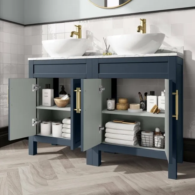 Bermuda Inky Blue Vanity with Marble Top & Oval Counter Top Basin 1200mm - Brass Knurled Handles