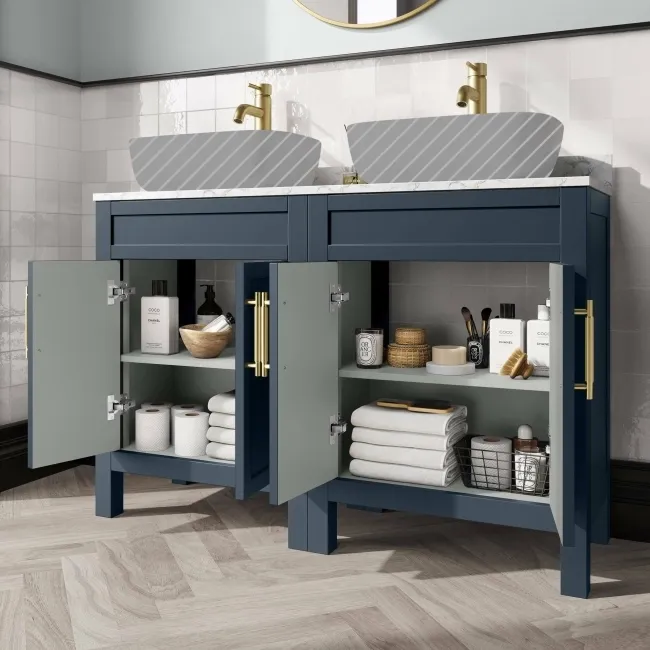 Bermuda Inky Blue Cabinet with Marble Top 1200mm Excludes Counter Top Basins - Brass Knurled Handles