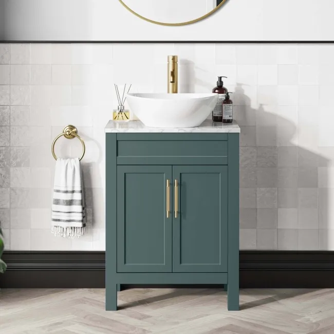 Bermuda Midnight Green Vanity with Marble Top & Oval Counter Top Basin 600mm - Brass Knurled Handles