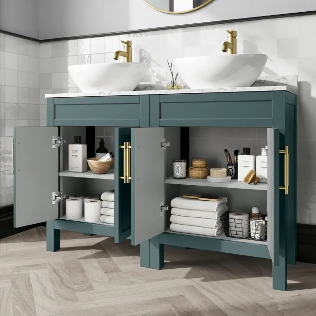 Bermuda Midnight Green Vanity with Marble Top & Oval Counter Top Basin 1200mm - Brass Knurled Handles