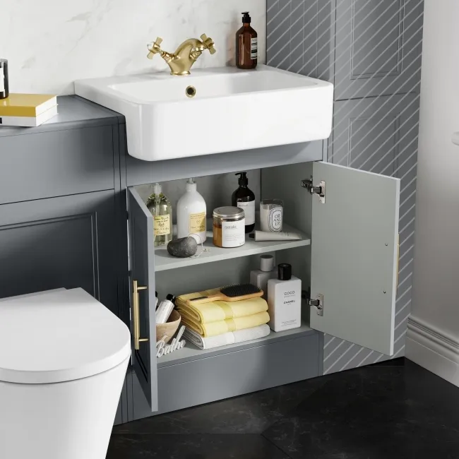 Monaco Dove Grey Combination Vanity Basin and Boston Toilet 1200mm - Brass Knurled Handles
