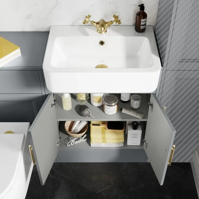 Monaco Dove Grey Combination Vanity Basin and Boston Toilet 1200mm - Brass Knurled Handles