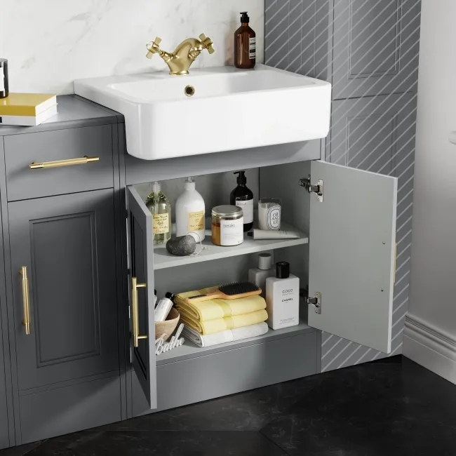 Monaco Dove Grey Combination Vanity Basin and Seattle Toilet 1500mm - Brass Knurled Handles