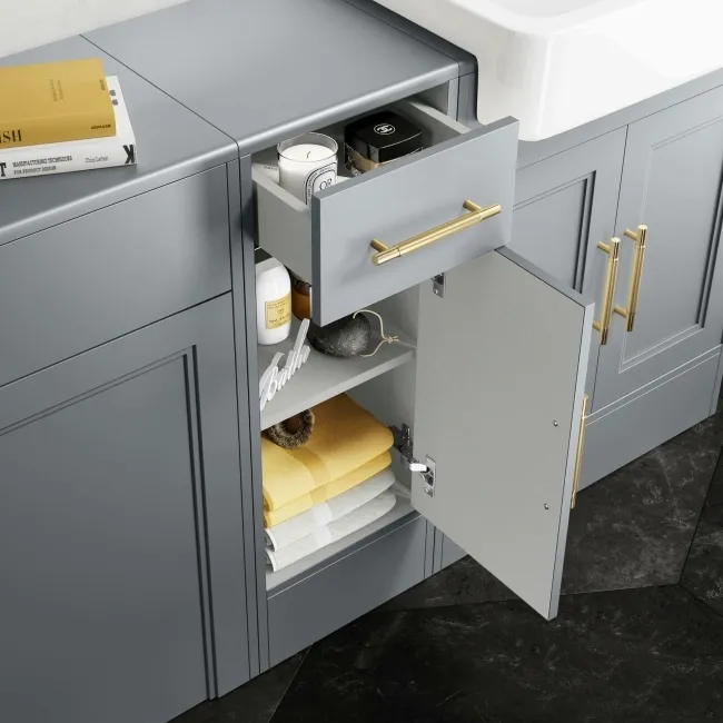 Monaco Dove Grey Combination Vanity Basin and Hudson Toilet with Wooden Seat 1500mm - Brass Knurled Handles