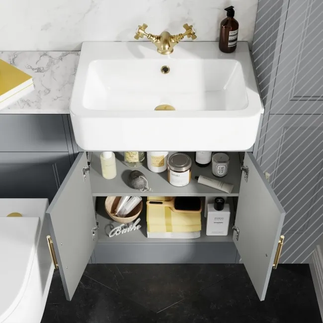 Monaco Dove Grey Combination Vanity Basin with Marble Top & Boston Toilet 1200mm - Brass Knurled Handles