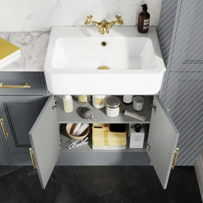 Monaco Dove Grey Combination Vanity Basin with Marble Top and Hudson Toilet with Wooden Seat 1500mm - Brass Knurled Handles