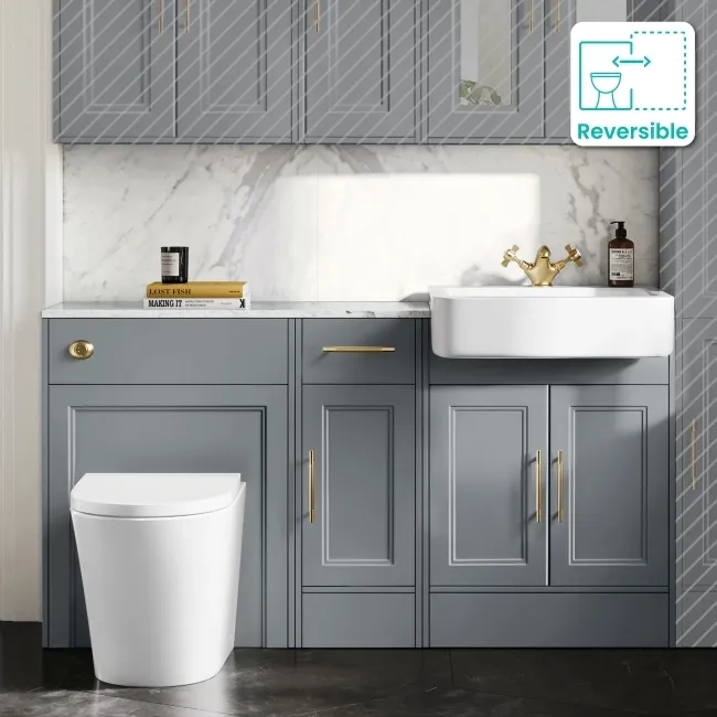 Monaco Dove Grey Combination Vanity Basin with Marble Top and Boston Toilet 1500mm - Brass Knurled Handles