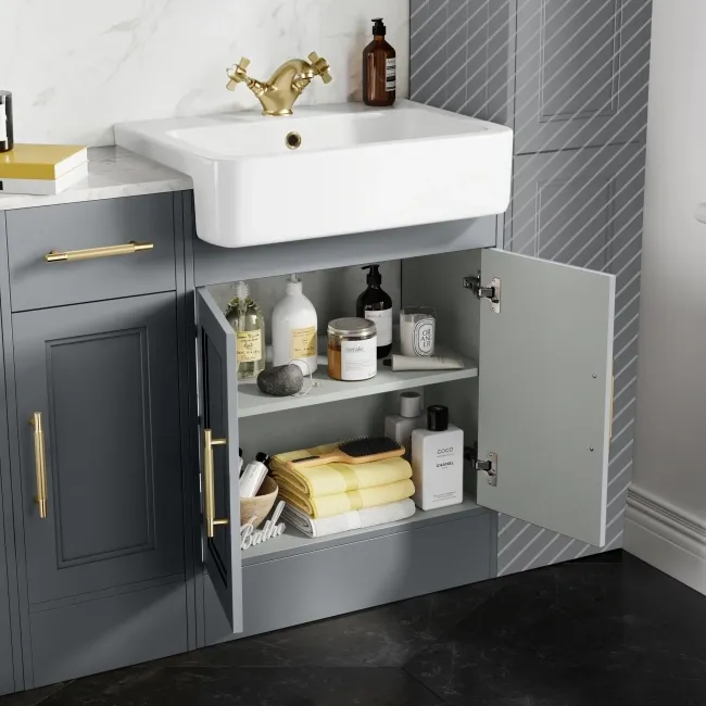 Monaco Dove Grey Combination Vanity Basin with Marble Top and Boston Toilet 1500mm - Brass Knurled Handles