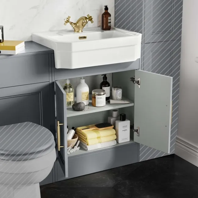 Monaco Dove Grey Traditional Basin Vanity and Back To Wall Unit 1200mm (Excludes Pan & Cistern) - Brass Knurled Handles