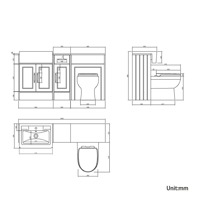 Monaco Dove Grey Combination Vanity Traditional Basin and Seattle Toilet 1500mm - Brass Knurled Handles