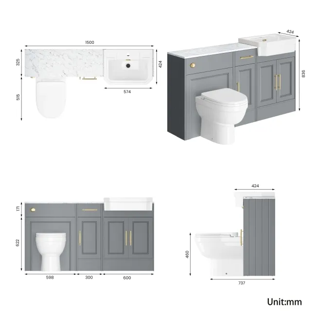 Monaco Dove Grey Combination Vanity Traditional Basin with Marble Top and Seattle Toilet 1500mm - Brass Knurled Handles