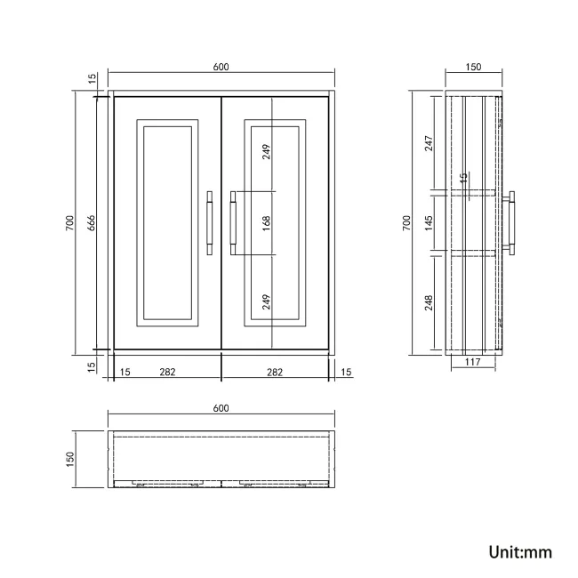 Dove Grey Wall Hung Cabinet 700x600mm - Brass Knurled Handles