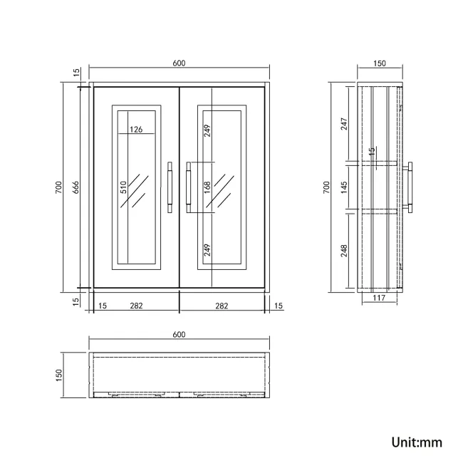 Dove Grey Wall Hung Mirror Cabinet 700x600mm - Brass Knurled Handles