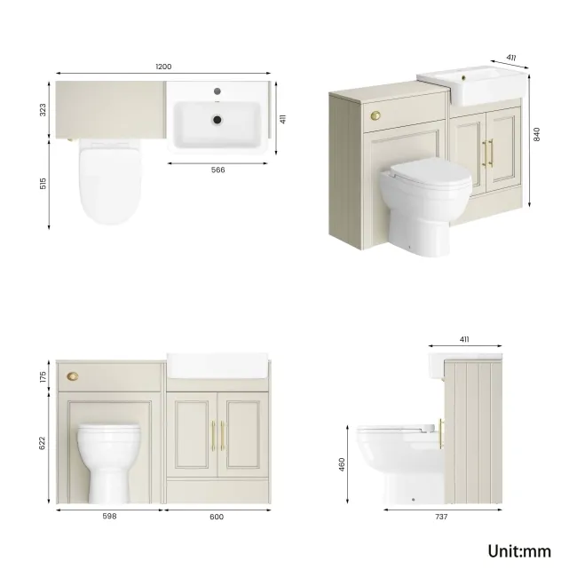 Monaco Chalk White Combination Vanity Basin and Seattle Toilet 1200mm - Brass Knurled Handles