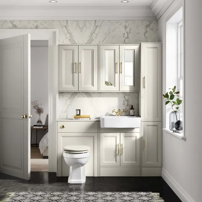 Monaco Chalk White Combination Vanity Basin and Hudson Toilet with Wooden Seat 1200mm - Brass Knurled Handles