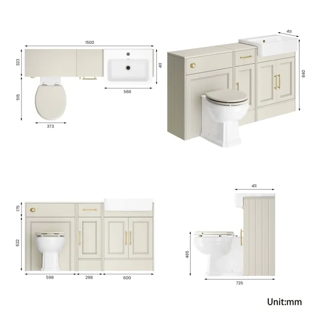 Monaco Chalk White Combination Vanity Basin and Hudson Toilet with Wooden Seat 1500mm - Brass Knurled Handles
