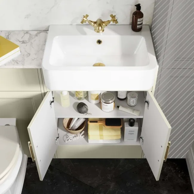 Monaco Chalk White Combination Vanity Basin with Marble Top & Hudson Toilet with Wooden Seat 1200mm - Brass Knurled Handles