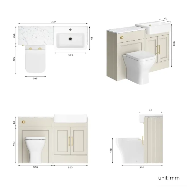 Monaco Chalk White Combination Vanity Basin with Marble Top & Atlanta Toilet 1200mm - Brass Knurled Handles