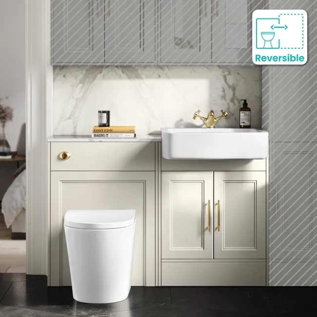 Monaco Chalk White Combination Vanity Basin with Marble Top & Boston Toilet 1200mm - Brass Knurled Handles