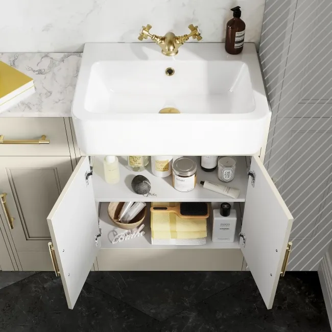 Monaco Chalk White Combination Vanity Basin with Marble Top and Boston Toilet 1500mm - Brass Knurled Handles