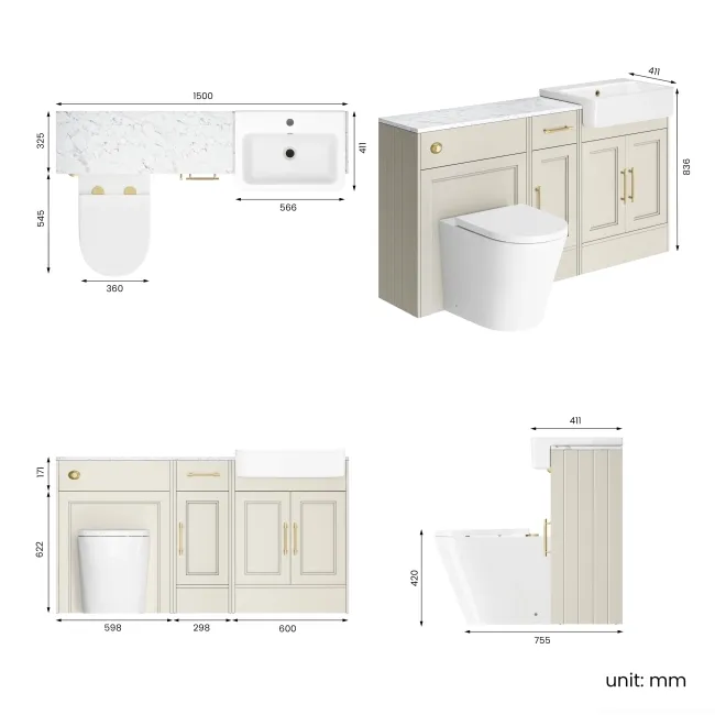 Monaco Chalk White Combination Vanity Basin with Marble Top and Boston Toilet 1500mm - Brass Knurled Handles