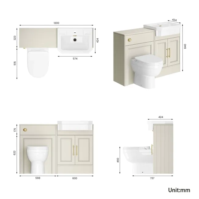 Monaco Chalk White Combination Vanity Traditional Basin and Seattle Toilet 1200mm - Brass Knurled Handles