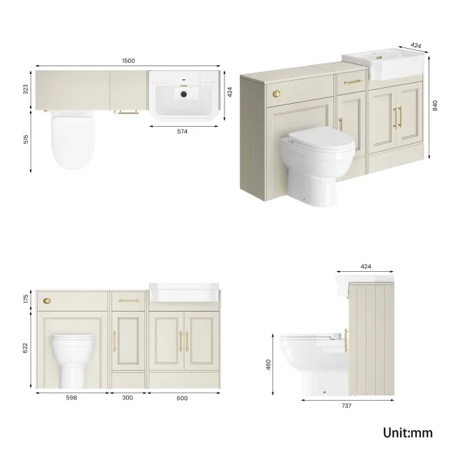 Monaco Chalk White Combination Vanity Traditional Basin and Seattle Toilet 1500mm - Brass Knurled Handles
