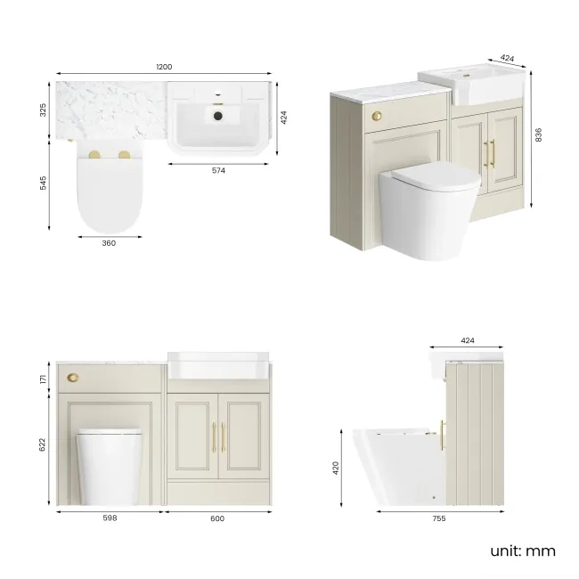 Monaco Chalk White Combination Vanity Traditional Basin with Marble Top & Boston Toilet 1200mm - Brass Knurled Handles