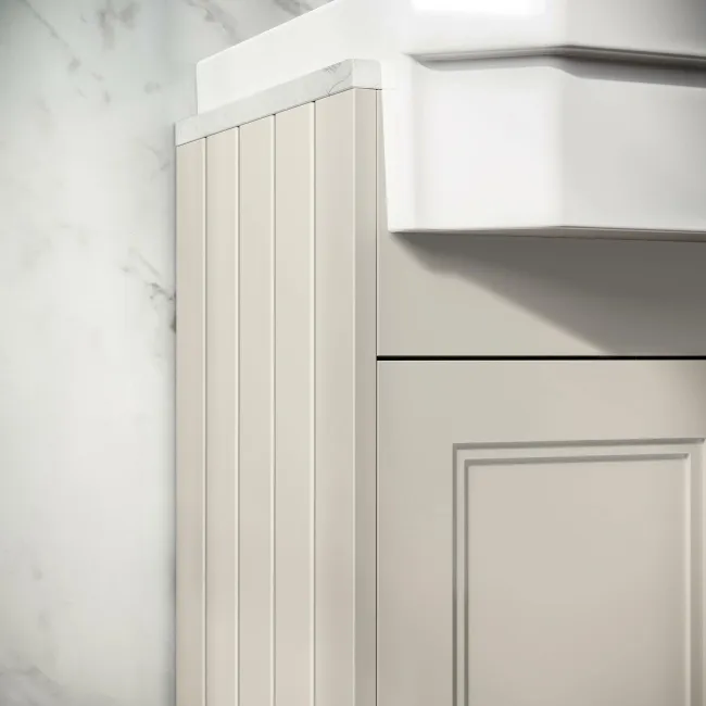 Monaco Chalk White Combination Vanity Traditional Basin with Marble Top and Seattle Toilet 1500mm - Brass Knurled Handles