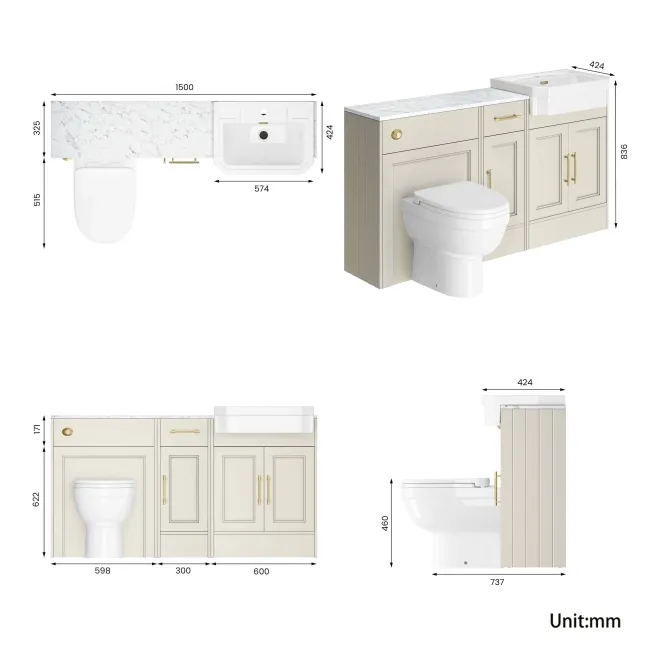 Monaco Chalk White Combination Vanity Traditional Basin with Marble Top and Seattle Toilet 1500mm - Brass Knurled Handles