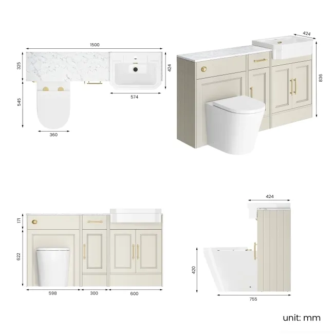 Monaco Chalk White Combination Vanity Traditional Basin with Marble Top and Boston Toilet 1500mm - Brass Knurled Handles