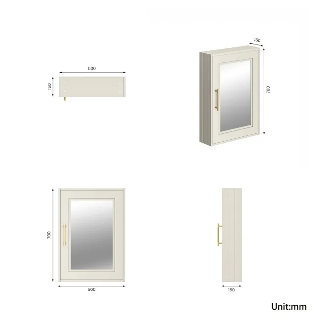 Chalk White Mirror Cabinet 700x500mm - Brass Knurled Handles