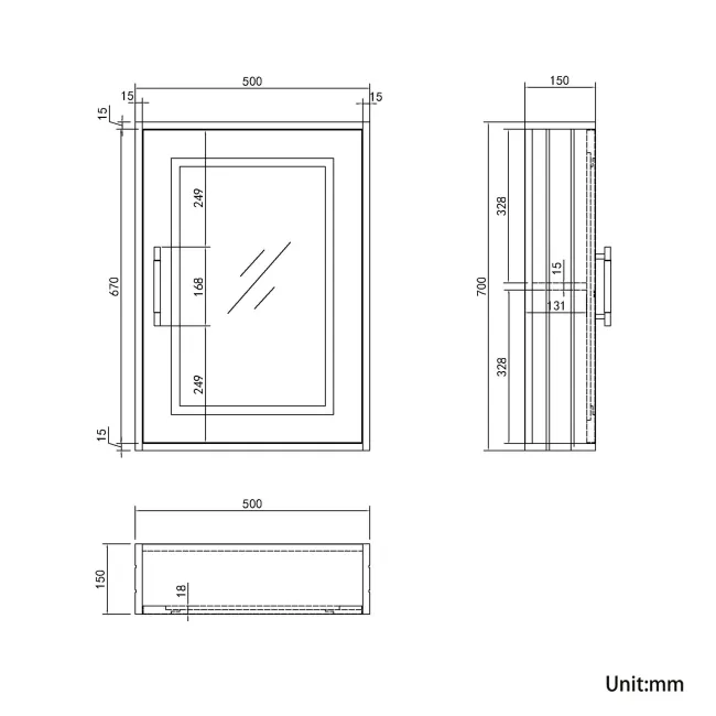 Chalk White Mirror Cabinet 700x500mm - Brass Knurled Handles