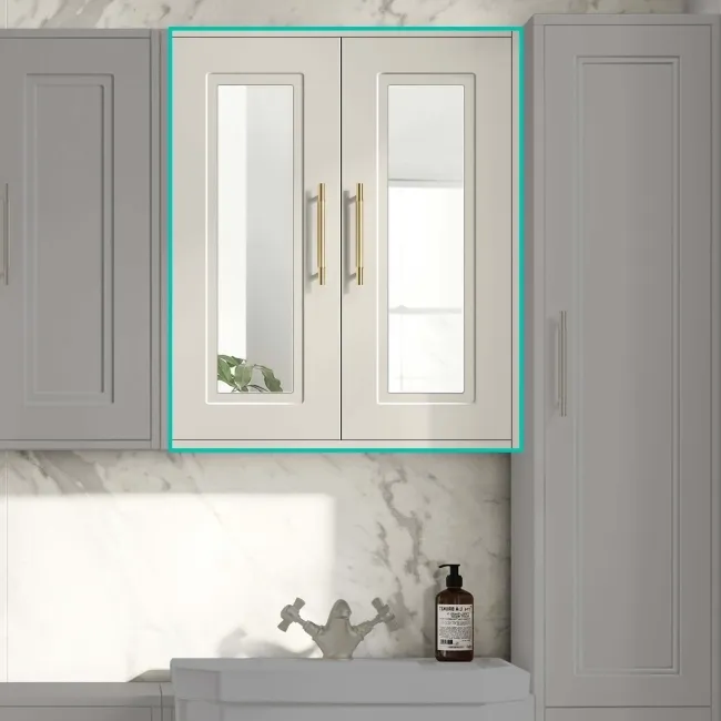 Chalk White Wall Hung Mirror Cabinet 700x600mm - Brass Knurled Handles
