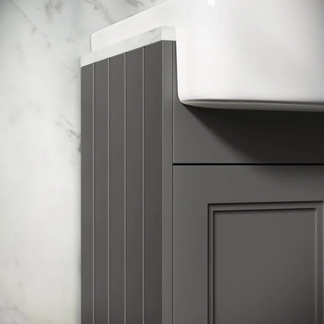 Monaco Graphite Grey Combination Vanity Basin with Marble Top & Hudson Toilet with Wooden Seat 1200mm - Brass Knurled Handles