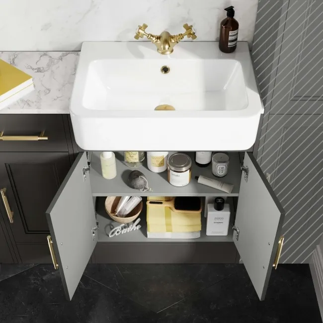 Monaco Graphite Grey Combination Vanity Basin with Marble Top and Seattle Toilet 1500mm - Brass Knurled Handles
