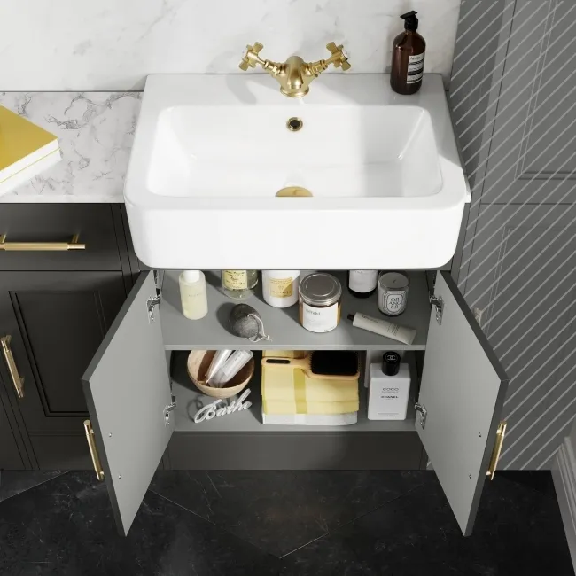 Monaco Graphite Grey Combination Vanity Basin with Marble Top and Boston Toilet 1500mm - Brass Knurled Handles