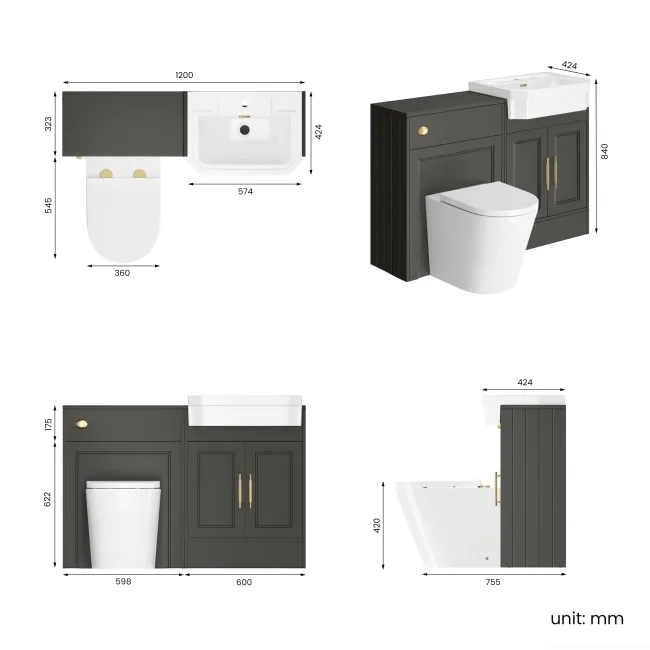 Monaco Graphite Grey Combination Vanity Traditional Basin and Boston Toilet 1200mm - Brass Knurled Handles