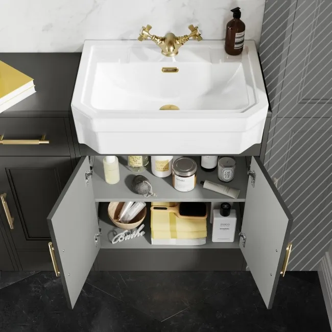 Monaco Graphite Grey Combination Vanity Traditional Basin and Boston Toilet 1500mm - Brass Knurled Handles
