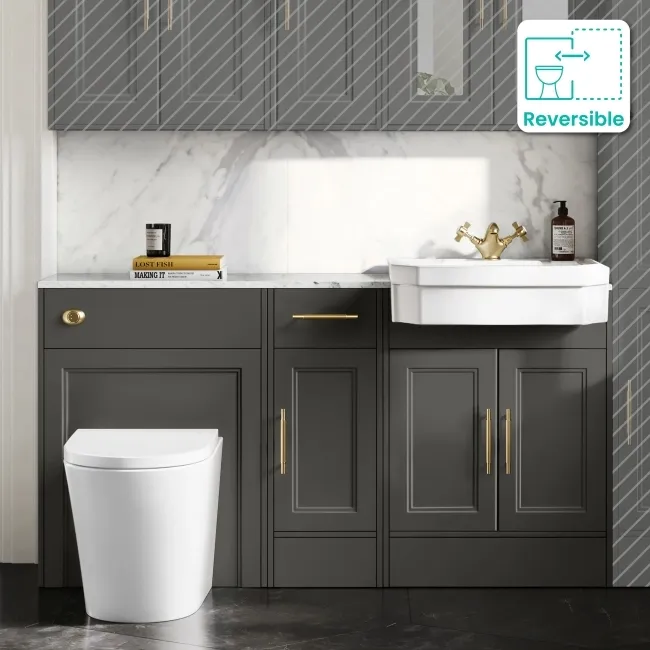 Monaco Graphite Grey Combination Vanity Traditional Basin with Marble Top and Boston Toilet 1500mm - Brass Knurled Handles